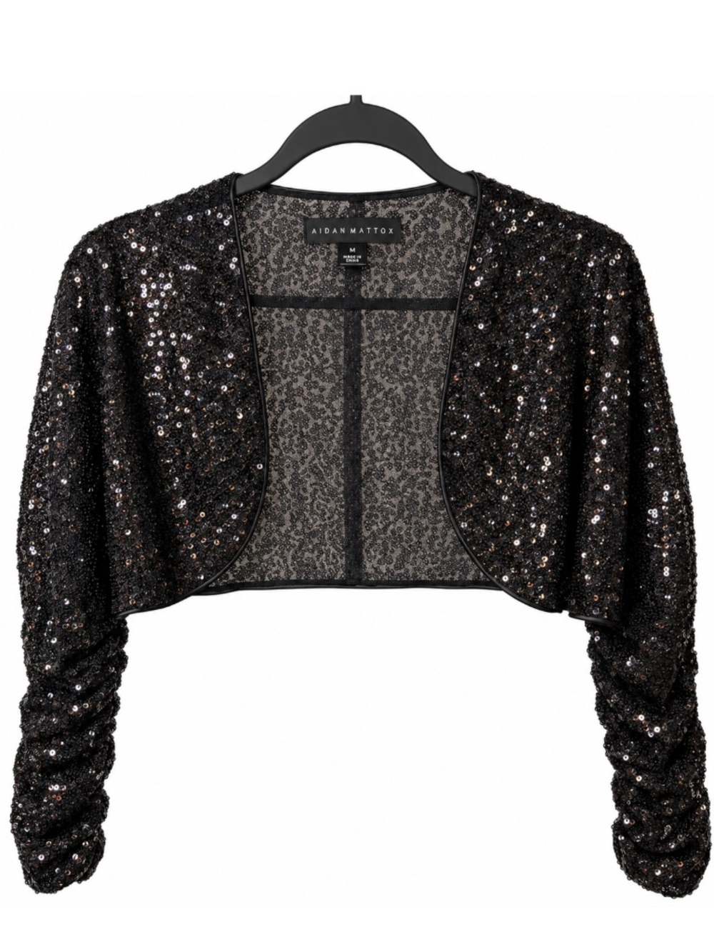 Aidan Mattox Black Sequin Bolero Shrug Ruched Sleeves Cropped Mesh Size M